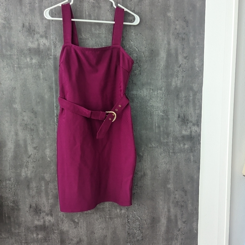 Magenta Belted Square-Neck Women's Dress